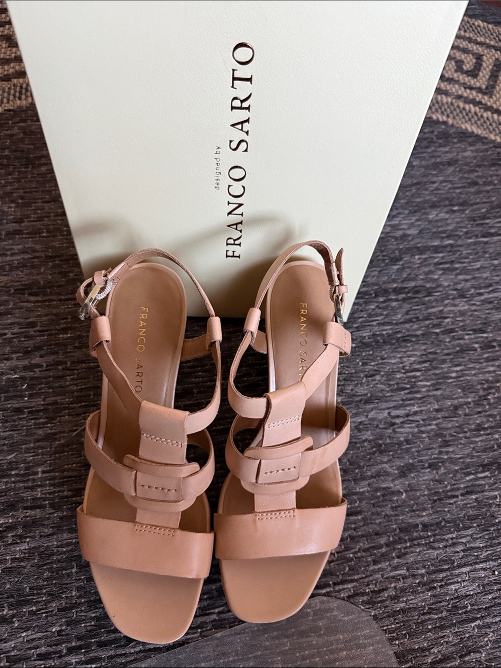 Franco Sarto Nude Tan Leather T-Strap Heeled Sandals Tan